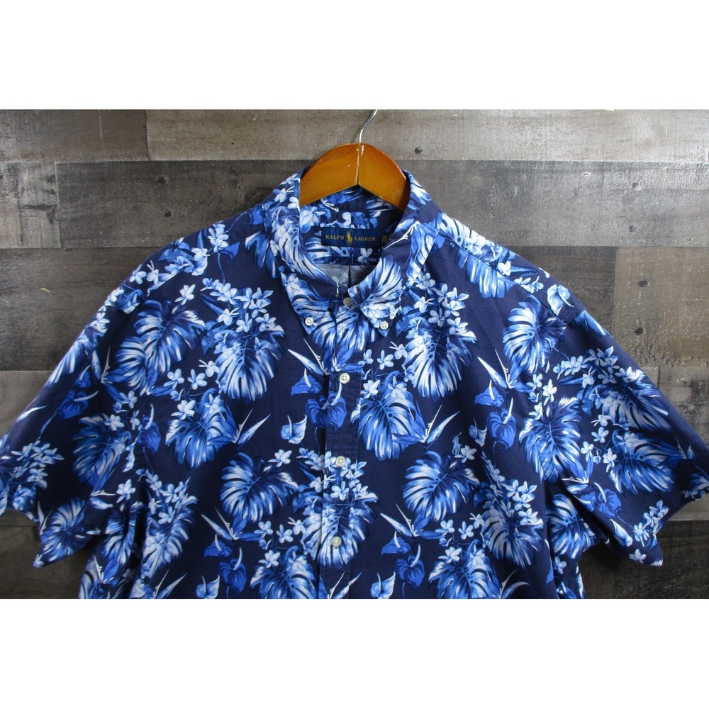 Ralph Lauren Shirt Mens 2XL Navy Blue Hawaiian Floral Button Down Cotton Travel